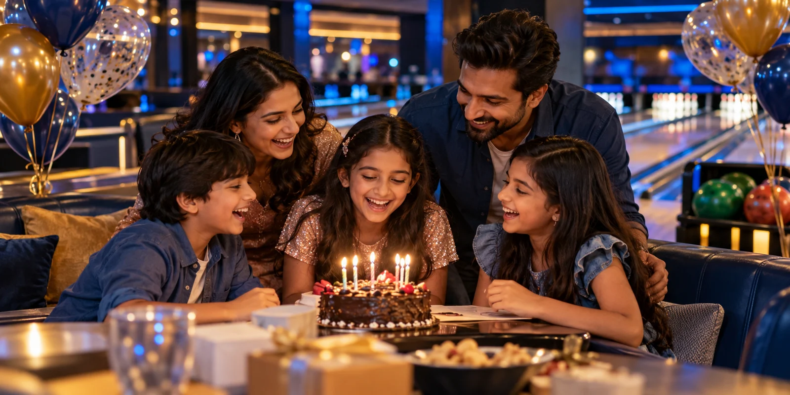 Illustrative family birthday celebration at a bowling centre